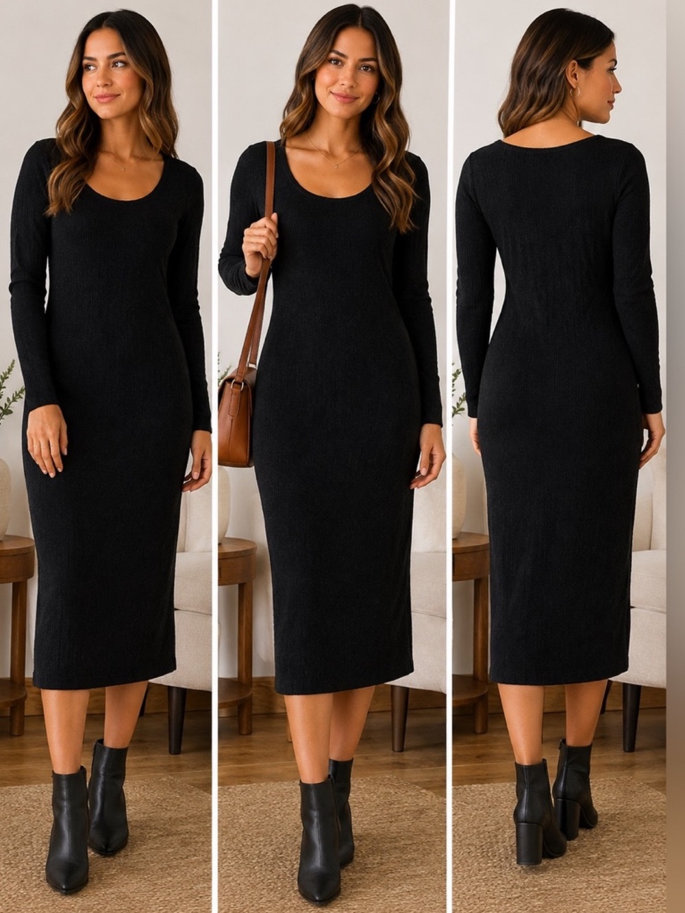 Universal Thread Black Long Sleeve Scoop Neck Textured Midi Dress NWT Medium